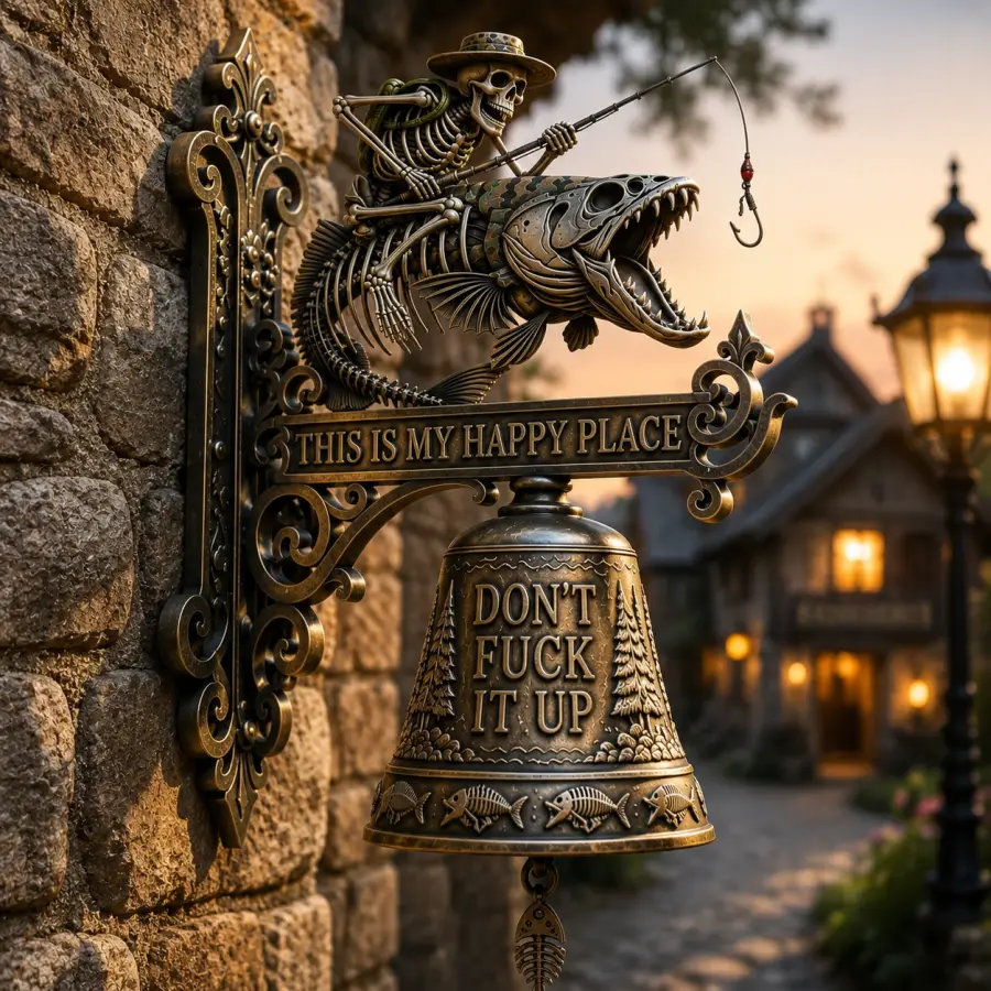 Skeleton Fisherman Wall Bell This Is My Happy Place Funny Decor